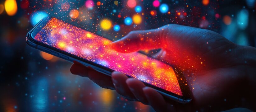 Hand Holding Smartphone with Social Media Icons in Neon Lights Background