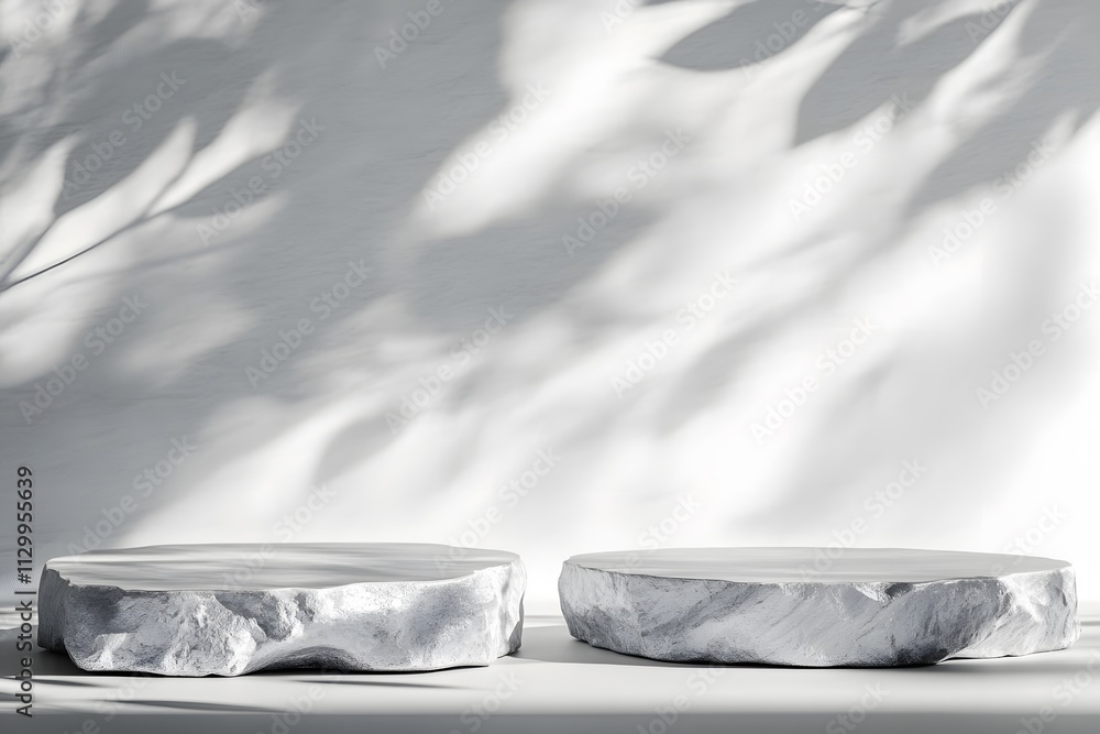 Poster two textured stone-like plates with soft shadows on a minimalist surface.