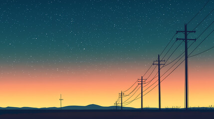 Obraz premium Silhouetted power lines against a starry sky showcasing the ubiquitous presence of electrical infrastructure in modern landscapes. Omnipresent. Illustration