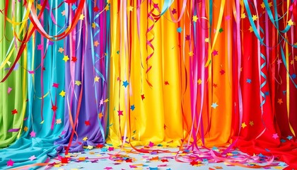 Rainbow streamer garland banner background confetti and balloons backdrop for party fun gay pride festivity celebration special occasion 