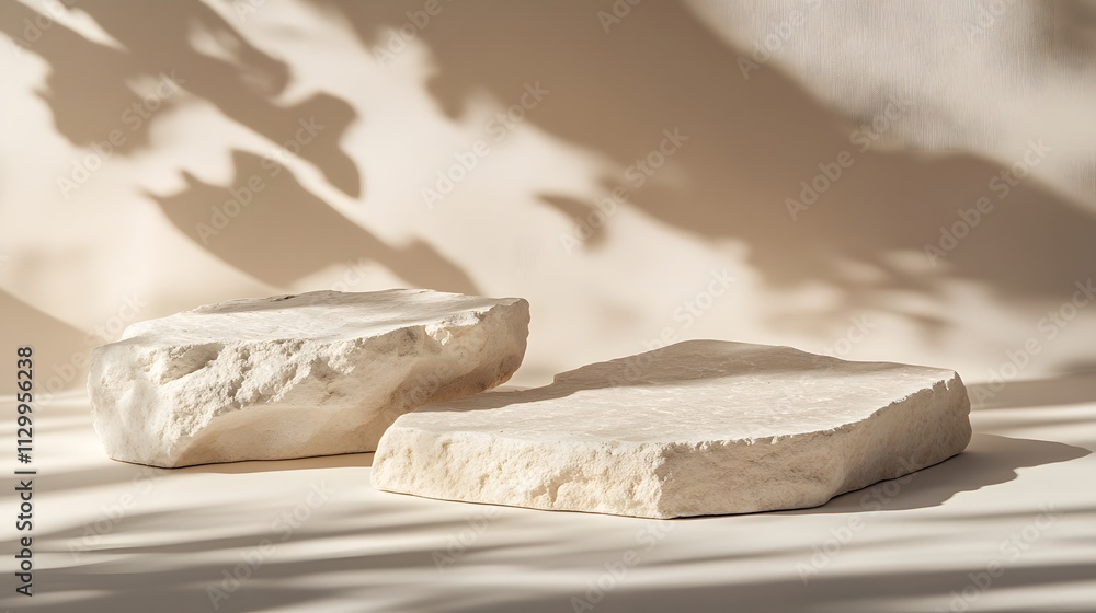 Poster two textured stones cast shadows on a soft, neutral background, creating a serene composition.