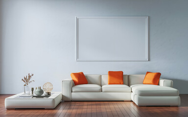 modern living room with a large orange sofa and two orange armchairs. The room has wooden , including a wooden coffee table and a bookshelf. There is a potted plant near the window