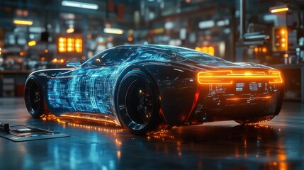 Futuristic Automotive Workshop with Holographic Car Diagnostics and Electric Vehicle Technology