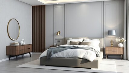 Modern luxury interior of gray bedroom with double bed, featuring contemporary furniture and elegant decor elements, contemporary, interior design