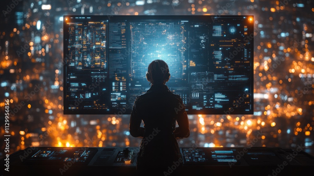 Poster futuristic control room with holographic interface and data visualization for business innovation
