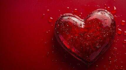Fototapeta premium Heart-shaped decoration with water droplets on a red surface for Valentine's Day celebration