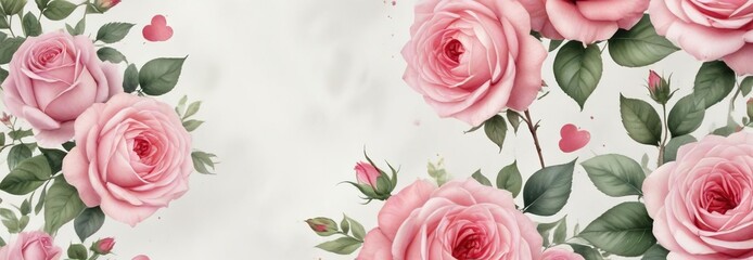 Naklejka premium Vintage style watercolour design with pink roses and hearts on a white backdrop, decorative, pastel, feminine, celebration