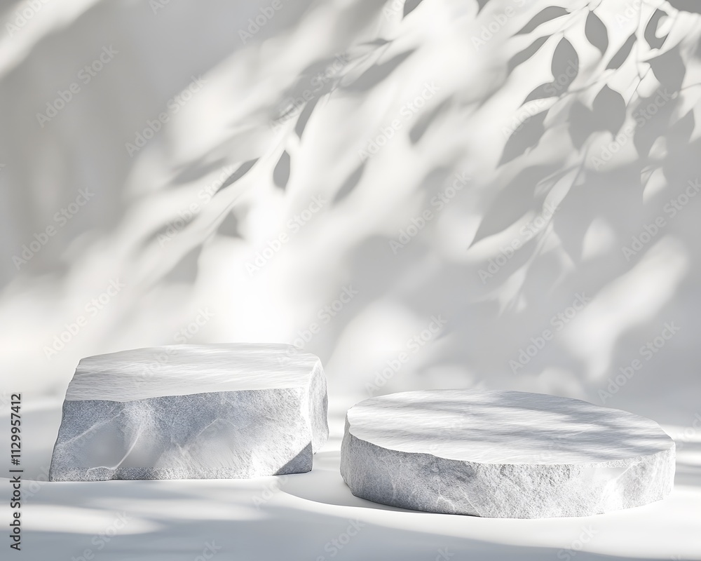 Poster two textured white stone-like objects casting shadows on a light background.