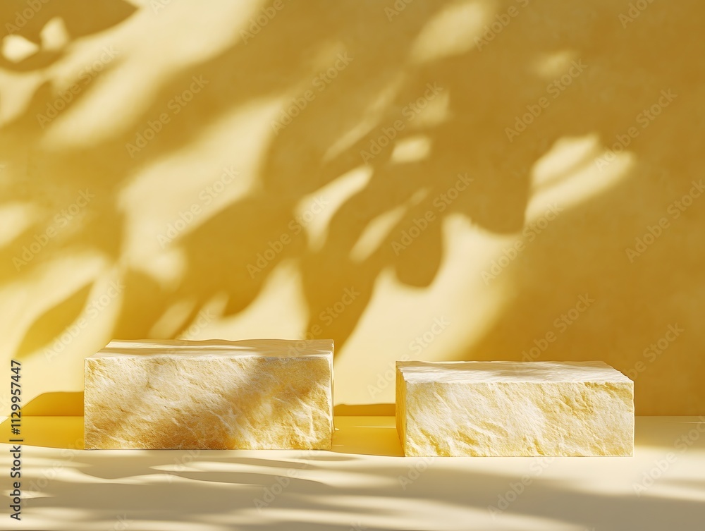 Aufkleber two textured yellow blocks on a yellow background with soft shadows from leaves.
