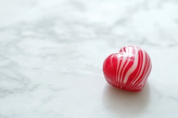 Fototapeta premium Red and white striped heart shaped candy rests on marble