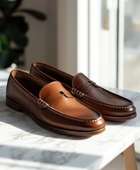 Men's Brown Leather Loafers with Shiny, Polished Finish and Detailed Stitching on Wooden Surface in High-End Retail Environment for Commercial Use