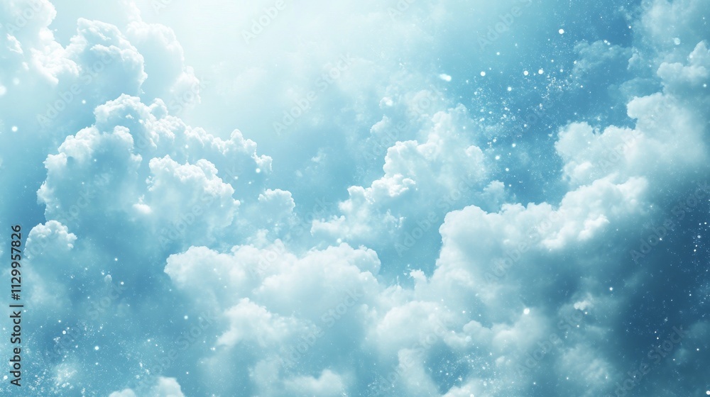 Poster bright blue sky with soft, fluffy clouds illuminated by subtle sunlight. the composition captures a 