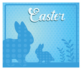Blue Themed Easter Card With Bunny Silhouettes and Polka Dot Background.