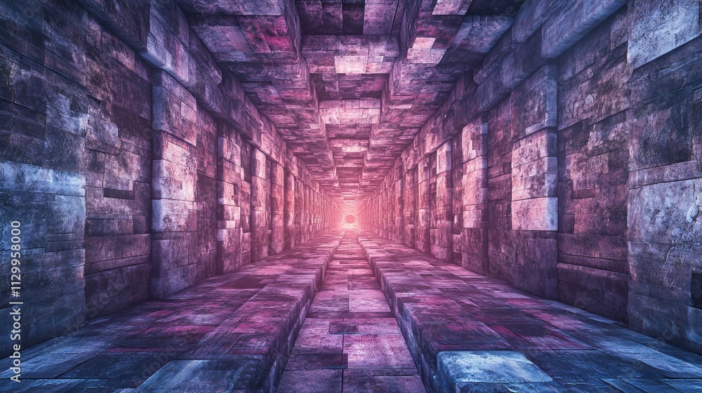 Poster a futuristic corridor with geometric textures and patterns leads into a distant glowing light. the s