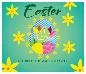 Fototapeta premium Happy Easter Day holiday. Featuring Colorful Eggs and Bright Flowers.