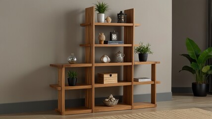 Modern wooden shelving unit with plants and decor.