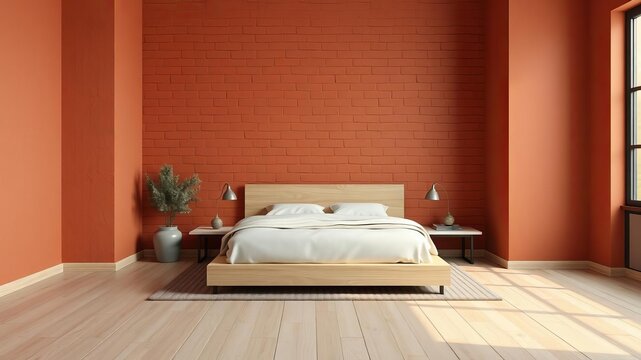 Modern scandinavian japandi style bedroom interior design with terracotta colored wood panels on wall and floor, 3D render illustration, wood, terracotta