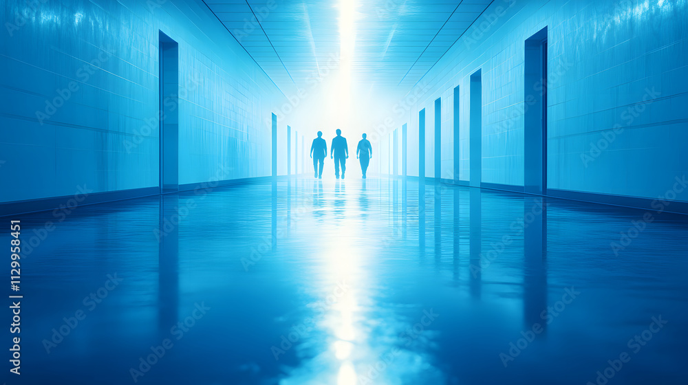 Poster A surreal hallway scene featuring three shadowy figures walking towards a bright light, creating an eerie yet captivating atmosphere