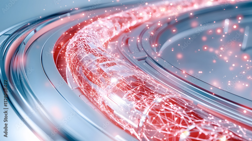 Poster a digital abstract image featuring a glowing, swirling line with intricate patterns and sparkles, co