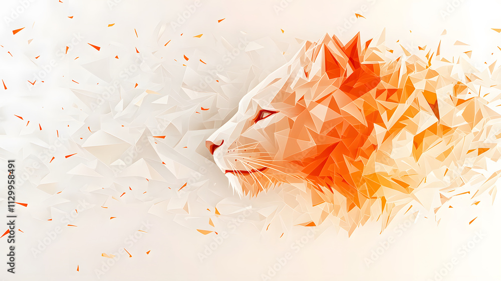 Poster a stylized, geometric depiction of a lion's head, blending shades of white and orange, creating a dy