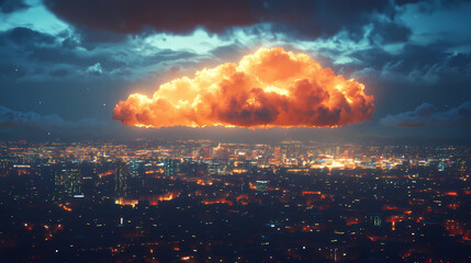 Glowing cloud formation over a cityscape at night representing the omnipresent nature of cloud computing. Omnipresent. Illustration