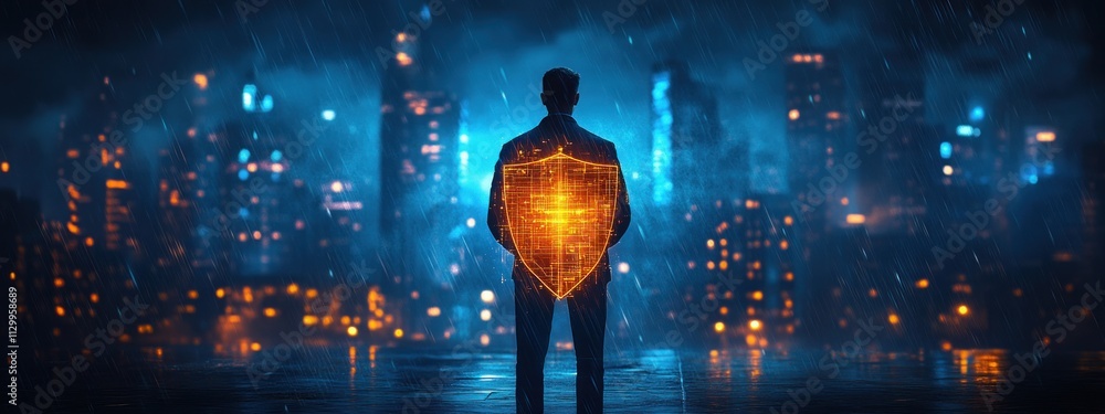 Poster digital shield for cyber security and protection of private information in futuristic cityscape