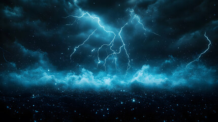 Fototapeta premium A dramatic storm scene featuring dark clouds illuminated by blue lightning over a turbulent sea
