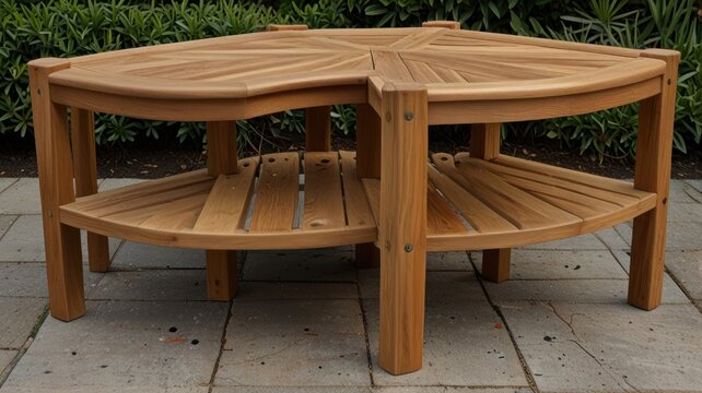 Outdoor wooden corner table with two shelves.