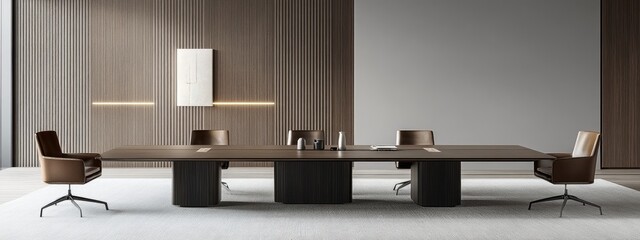 A modern conference room featuring a large table and stylish chairs for meetings.