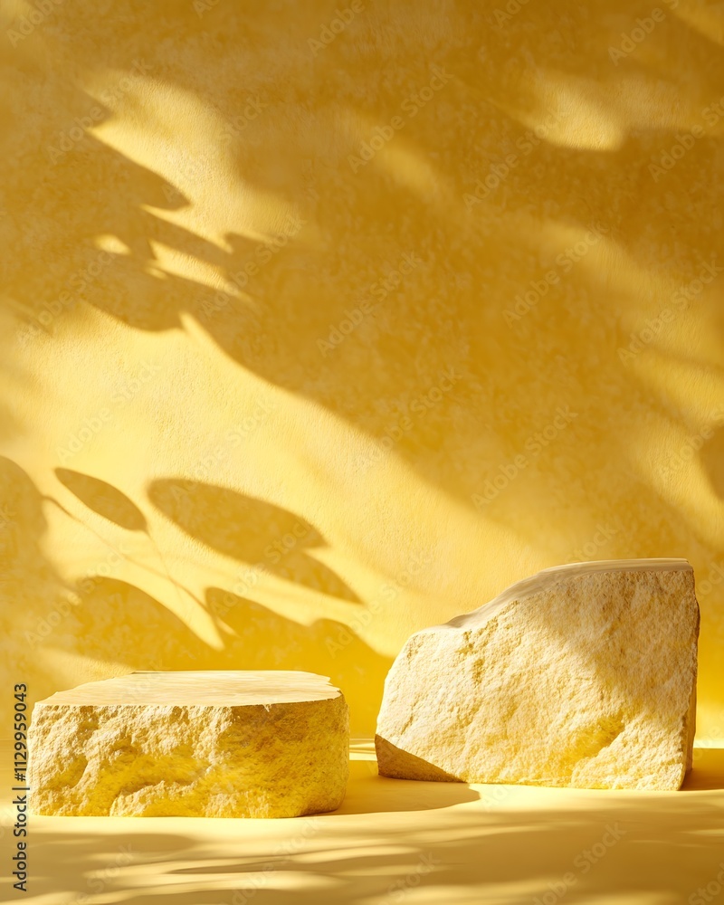 Poster two yellow stones on a yellow background with soft shadows, creating a serene atmosphere.