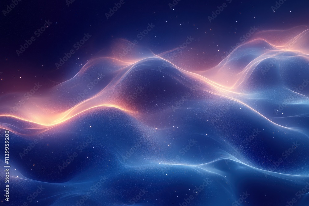 Poster Deep Blue Gradient Abstract Background with Wavy Curved Lines and Metallic Shine