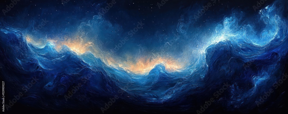 Poster blue light waves flowing through dark background with ethereal glow abstract impressionism design