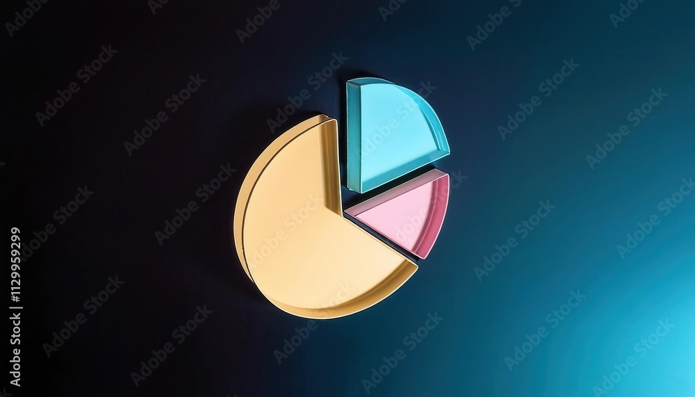 Poster a colorful pie chart on a dark background, illustrating data distribution with segments in gold, blu