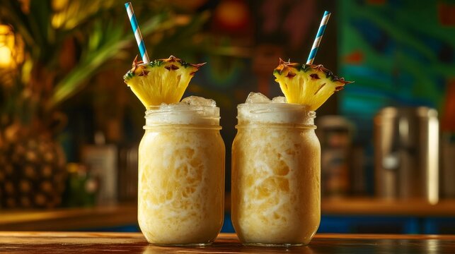 Two refreshing pineapple cocktails served in mason jars with ice and pineapple garnishes. The drinks, topped with striped straws, evoke a tropical, relaxed ambiance, ideal for summer promotions and