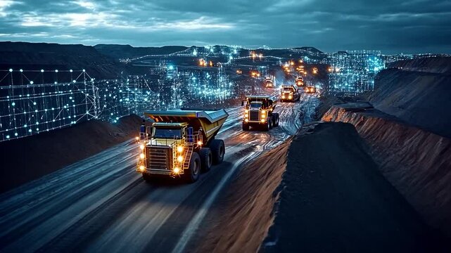 Mining Industry at Night: A panoramic view of a bustling mining operation under a starlit sky.  Heavy duty trucks transport raw materials along a network of roads, illuminated by powerful headlights.