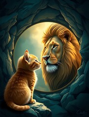 A lion looking into a mirror and seeing a kitten's reflection, symbolizing self-perception, hidden potential, and inner strength.

