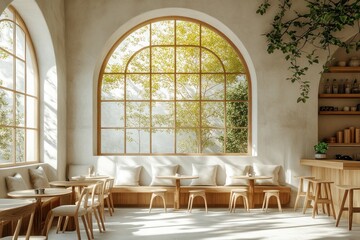 Interior design of modern minimalist cafe with large arched windows light wooden furniture and green plants