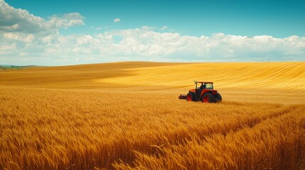 Fototapeta premium A farmer maneuvers a sturdy tractor through expansive fields of golden wheat. The sun shines brightly overhead as the vibrant landscape stretches to the horizon, showcasing the beauty of agriculture
