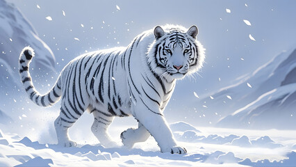 White Tiger Walking Gracefully in the Snow