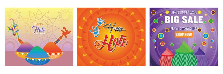 Fototapeta premium Colorful Powders and Splashing Paint. Happy Holi Festival Greeting Card with Two Handprints. Big Sale Advertisement with Colorful Elements. Set flat vector modern illustration