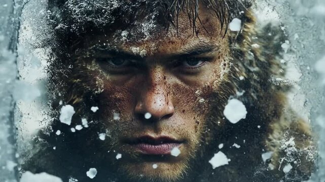 Frozen Determination: A man's face, weathered and resolute, emerges from a frozen landscape, his piercing gaze reflecting a fierce spirit of survival.
