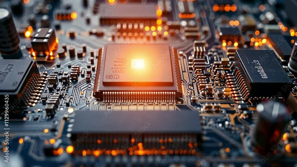 Poster cpu glowing in circuit board: a close-up view of a glowing cpu chip, symbolizing the power and poten