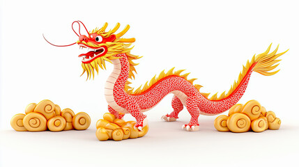 Fototapeta premium Minimal Chinese animal 3d concept. A vibrant red dragon symbolizing prosperity and good fortune, surrounded by gold coins.