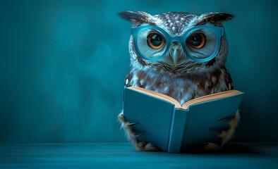 A wise owl wearing blue glasses holds an open book, symbolizing intelligence and knowledge with ample copyspace for creative designs.

