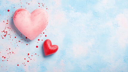 Obraz premium Romantic hearts on soft pastel background with splashes of red, creating dreamy atmosphere