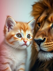 A kitten looking at its reflection in a mirror, seeing a lion, symbolizing self-confidence, strength, and untapped potential.

