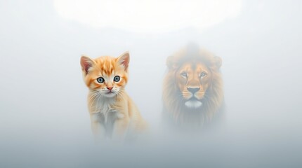 A kitten looking at its reflection in a mirror, seeing a lion, symbolizing self-confidence, strength, and untapped potential.

