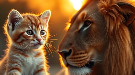 A kitten looking at its reflection in a mirror, seeing a lion, symbolizing self-confidence, strength, and untapped potential.

