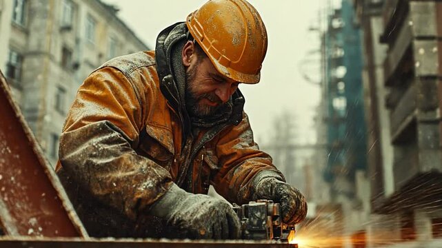 Focused Construction Worker: Grit and determination etched on his face, a construction worker meticulously grinds metal, sparks flying, amidst the urban backdrop of a city construction site.