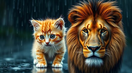 A kitten looking at its reflection in a mirror, seeing a lion, symbolizing self-confidence, strength, and untapped potential.

